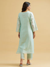 Mint silk chanderi embroidered kurta with scalloped placket