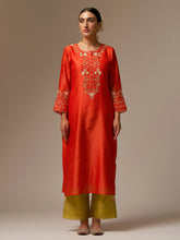 Orange Silk Chanderi kurta with hand embroidery