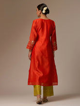 Orange Silk Chanderi kurta with hand embroidery