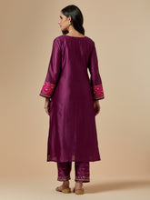 Wine silk chanderi a-line hand embroidered kurta