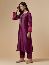 Wine silk chanderi a-line hand embroidered kurta