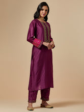 Wine silk chanderi a-line hand embroidered kurta