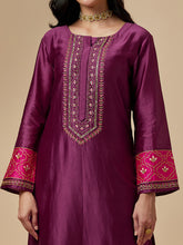 Wine silk chanderi a-line hand embroidered kurta