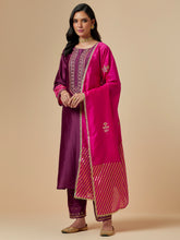 Wine silk chanderi a-line hand embroidered kurta
