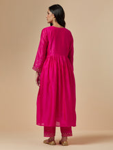 Fuchsia silk chanderi hand embroidered kurta with gather