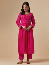 Fuchsia silk chanderi hand embroidered kurta with gather