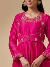 Fuchsia silk chanderi hand embroidered kurta with gather