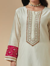 Off white silk chanderi a-line hand embroidered kurta
