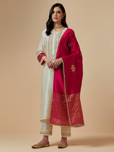 Red hand embroidered silk chanderi dupatta