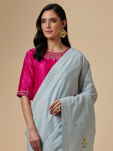 Fuchsia closed neck blouse with hand embroidery