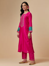 Fuchsia silk chanderi a-line hand embroidered kurta