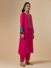 Fuchsia silk chanderi a-line hand embroidered kurta