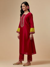 Red silk chanderi palazzo with hand embroidery