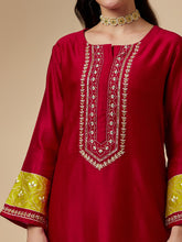Red silk chanderi a-line hand embroidered kurta