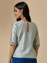 Grey closed neck blouse with hand embroidrery
