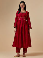 Red silk chanderi hand embroidered kurta with gather