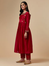 Red silk chanderi hand embroidered kurta with gather