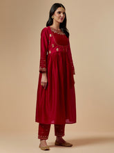 Red silk chanderi hand embroidered kurta with gather