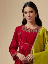 Red silk chanderi hand embroidered kurta with gather