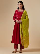 Lime hand embroidered silk chanderi dupatta
