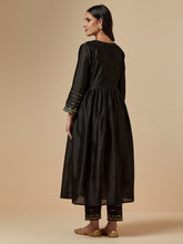 Black silk chanderi hand embroidered kurta with gather