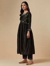 Black silk chanderi hand embroidered kurta with gather